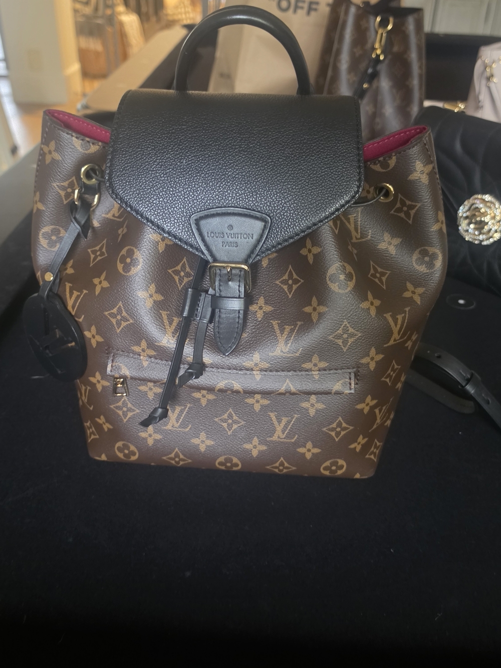 Louis Vuitton Brown Monogram Backpack with Black Flap and Pink Trim